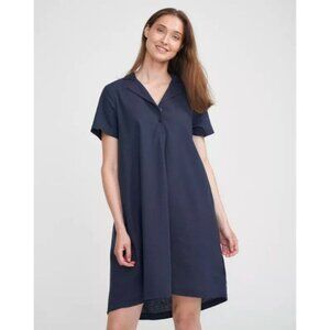 Holebrook Sweden Navy Marina Short Sleeve Linen Midi Dress 1/4 button V-neck S
